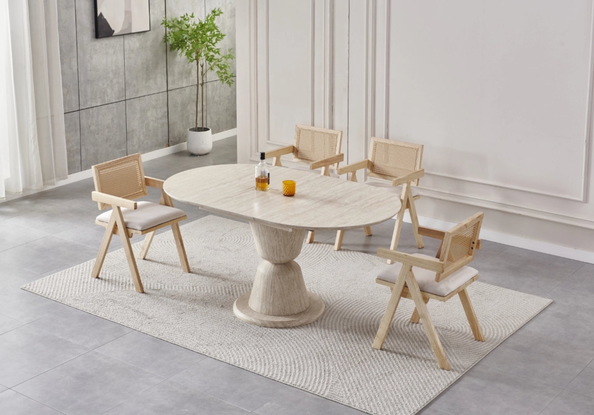 0 3903.jpg Ensemble Table Ronde Extensible Chaises Pietra Travertin Cannage Vert