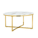 Table Basse Ronde Lorie Verre Trempé Marbré Blanc Métal Doré D90x45 cm