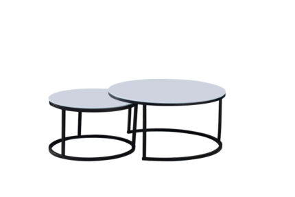 Lot de 2 Tables Basses Gigognes Arto Verre Trempé Blanc Métal Noir D80/D60 cm