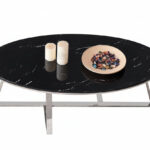 Table Basse Ovale GAMMA Granite Effet Marbre Noir Pieds Chrome 120x60x45 cm