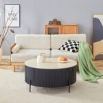 Table Basse Ronde Ruby Céramique Effet Travertin Noir Pied Métal Noir D90xH45 cm