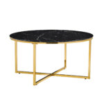 Table Basse Ronde LORIE Verre Trempé Marbré Noir Métal Doré D90x45 cm