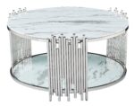Table Basse Ronde Stick Verre Marbre Blanc Pieds Chrome D90 H45 cm