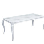 Table à Manger Baroque Verre Effet Marbre Blanc Pieds Chrome 150x90 cm