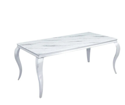 Table à Manger Baroque Verre Effet Marbre Blanc Pieds Chrome 150x90 cm
