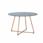 Table à Manger Ronde HELOISE Pied Rose Gold Plateau Verre Transparent D120x75 cm
