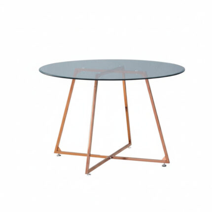 Table à Manger Ronde HELOISE Pied Rose Gold Plateau Verre Transparent D120x75 cm