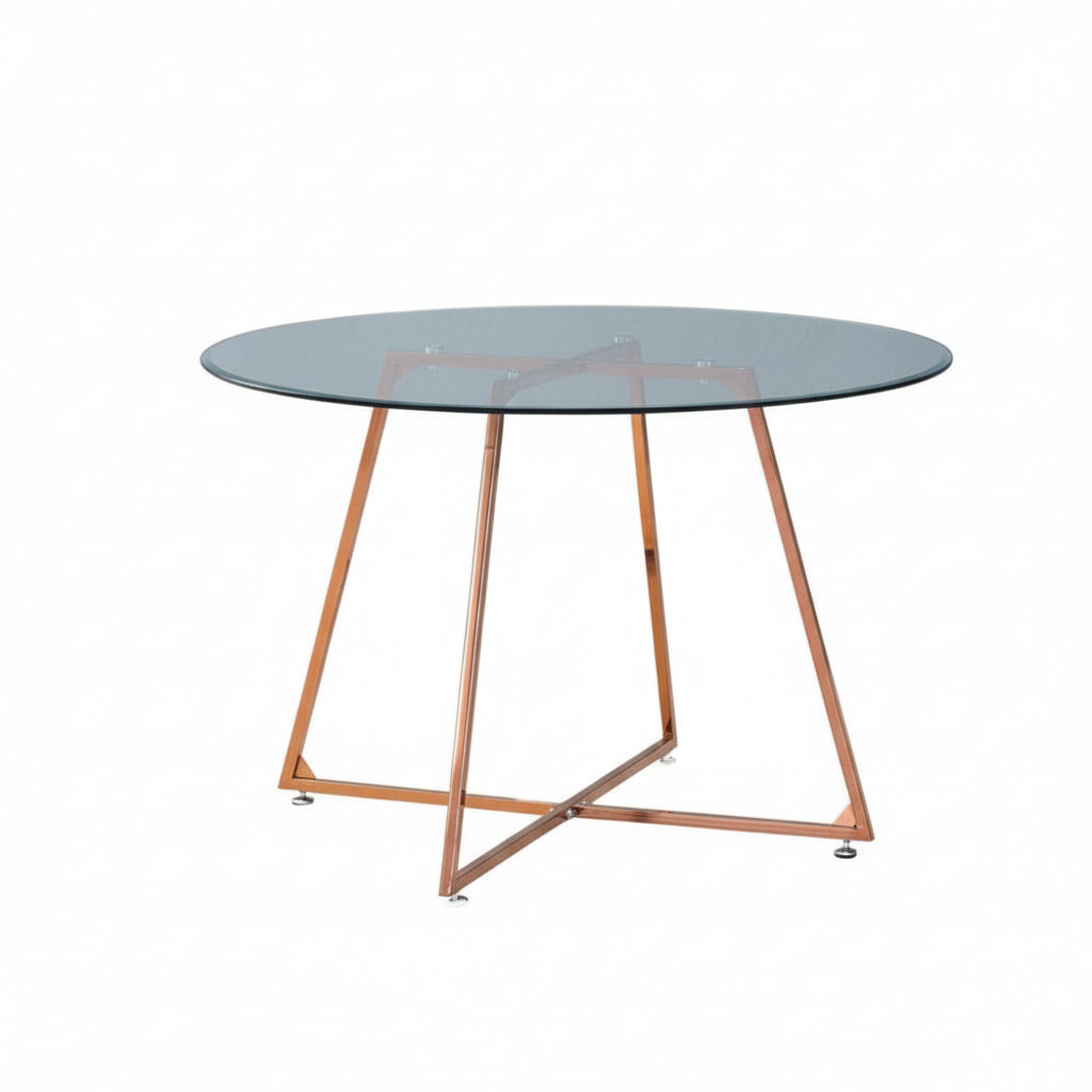 0 4102.jpg Table à Manger Ronde HELOISE Pied Rose Gold Plateau Verre Transparent D120x75 cm