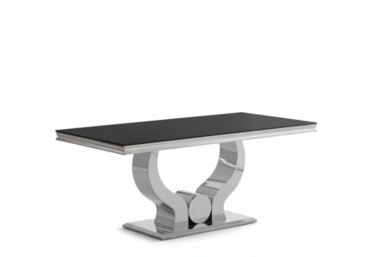 Table à Manger Trofy Verre Noir Pieds Métal Chrome 180x90 cm