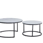Lot de 2 Tables Basses Gigognes Arto Verre Trempé Marbré Blanc Métal Noir D80/D60 cm