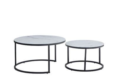 Lot de 2 Tables Basses Gigognes Arto Verre Trempé Marbré Blanc Métal Noir D80/D60 cm