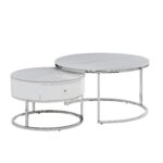Lot de 2 Tables Basses Gigognes Novela Céramique Marbre Blanc Métal Chrome D80x45 cm et D60x40 cm