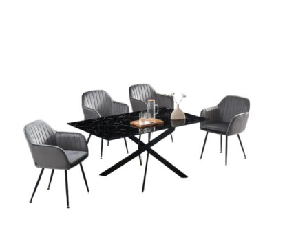 Table à Manger Jessica XXL Verre Marbre Noir Pieds Métal Noir 180 cm