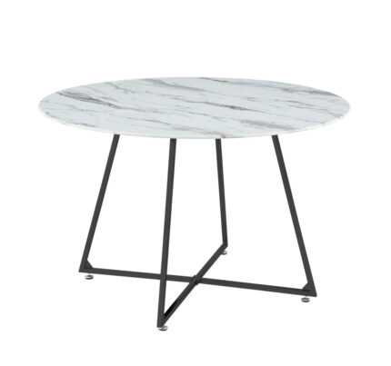 Table à Manger Ronde Héloïse Verre Marbré Blanc Pied Métal Noir D120x75 cm