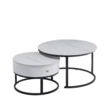 Lot de 2 Tables Basses Gigognes Novela Céramique Marbre Blanc Pieds Métal Noir D80/D60x45/40 cm
