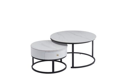 Lot de 2 Tables Basses Gigognes Novela Céramique Marbre Blanc Pieds Métal Noir D80/D60x45/40 cm