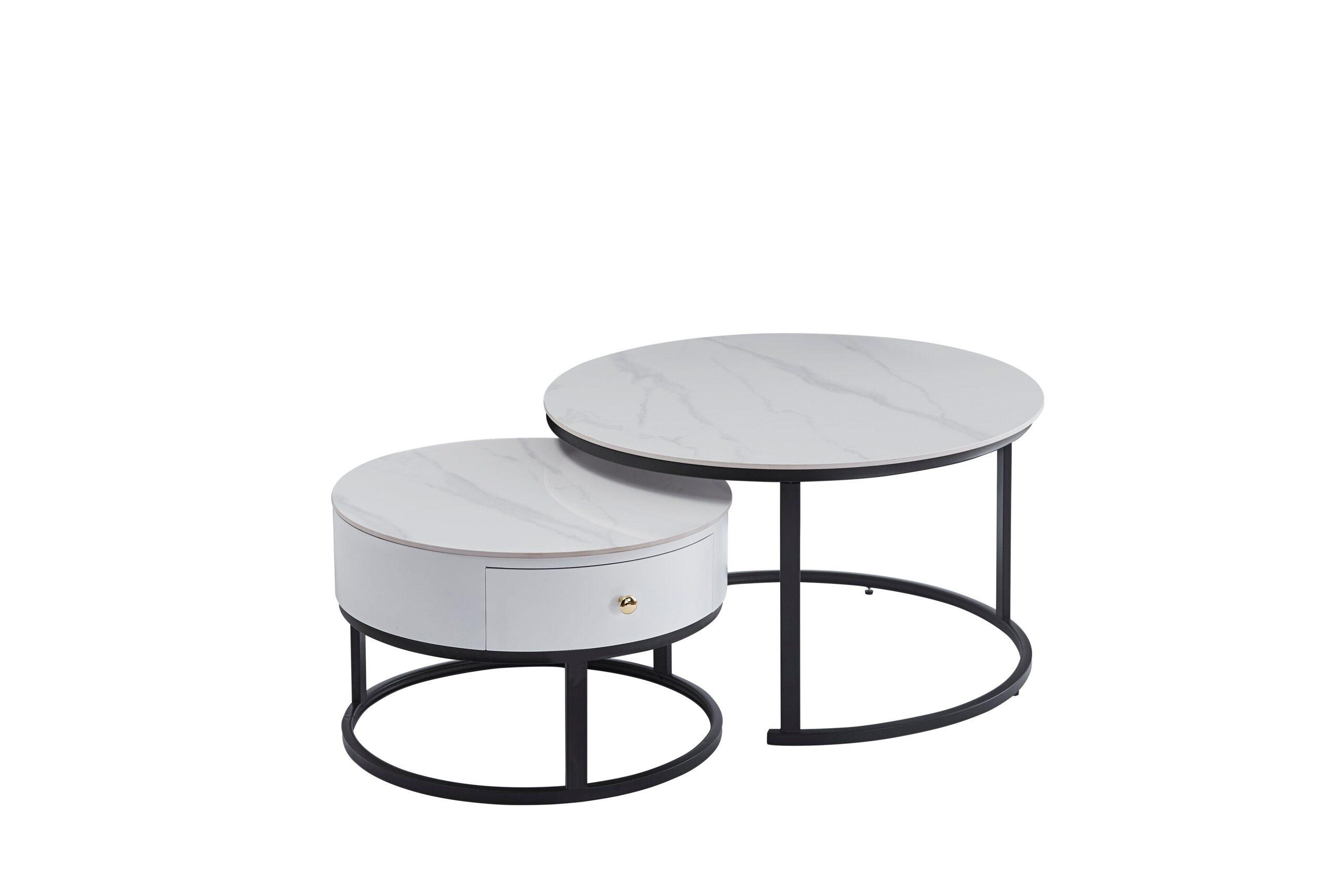 0 4190.jpg Lot de 2 Tables Basses Gigognes Novela Céramique Marbre Blanc Pieds Métal Noir D80/D60x45/40 cm