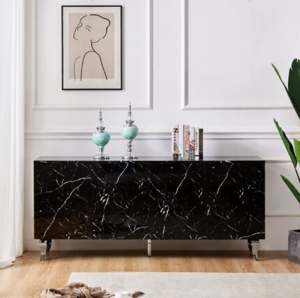 Buffet Baroque Marbre Noir 4 Portes 180x40x80 cm