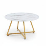 Table Basse Ronde Heloise Céramique Effet Marbre Blanc Métal Doré D80xH45 cm