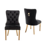 Lot 2 Chaises Salle à Manger Poignée Rectangulaire Cloutées Velours Noir Pieds Gold 54x51x102cm