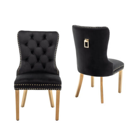 Lot 2 Chaises Salle à Manger Poignée Rectangulaire Cloutées Velours Noir Pieds Gold 54x51x102cm