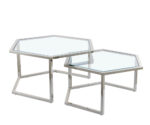 Lot de 2 Tables Basses Gigognes Hexagona Métal Chromé Plateaux Verre Transparent 60x52x42 / 50x45x38 cm