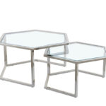 Lot de 2 Tables Basses Gigognes Hexagona Métal Chromé Plateaux Verre Transparent 60x52x42 / 50x45x38 cm
