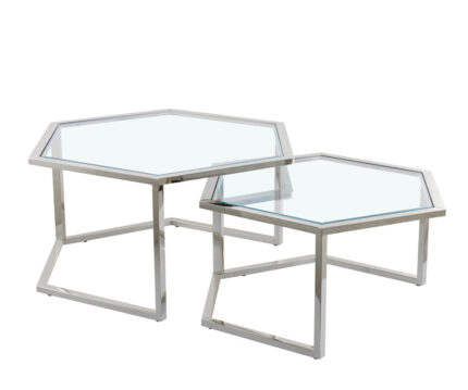 Lot de 2 Tables Basses Gigognes Hexagona Métal Chromé Plateaux Verre Transparent 60x52x42 / 50x45x38 cm
