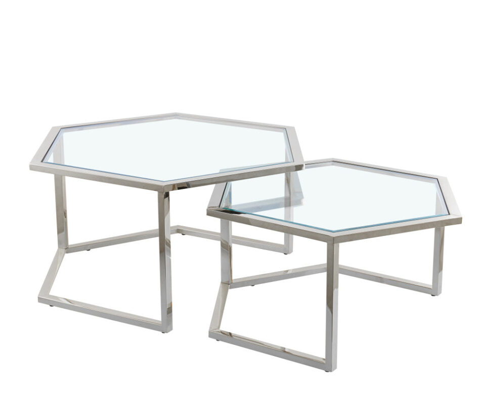 Lot de 2 Tables Basses Gigognes Hexagona Métal Chromé Plateaux Verre Transparent 60x52x42 / 50x45x38 cm