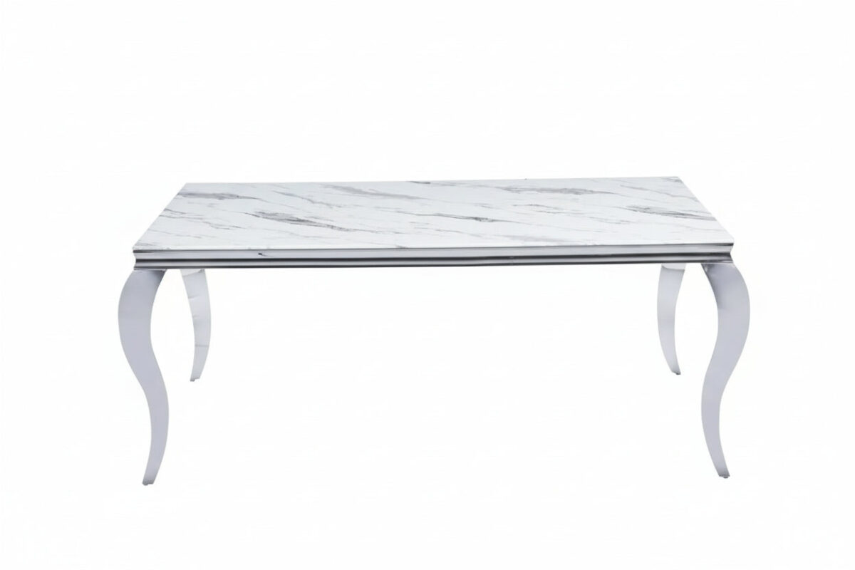 Table à Manger Baroque Verre Effet Marbre Blanc Pieds Chrome 180x90 cm
