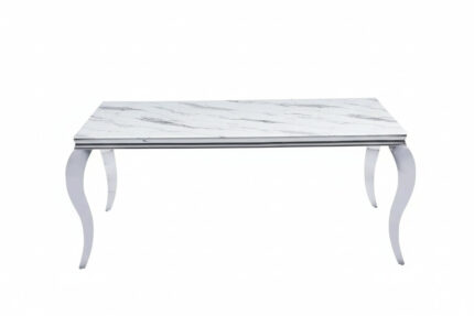 Table à Manger Baroque Verre Effet Marbre Blanc Pieds Chrome 180x90 cm