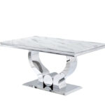 Table à Manger Trofy Verre Marbré Blanc Pieds Métal Chrome 150x90 cm