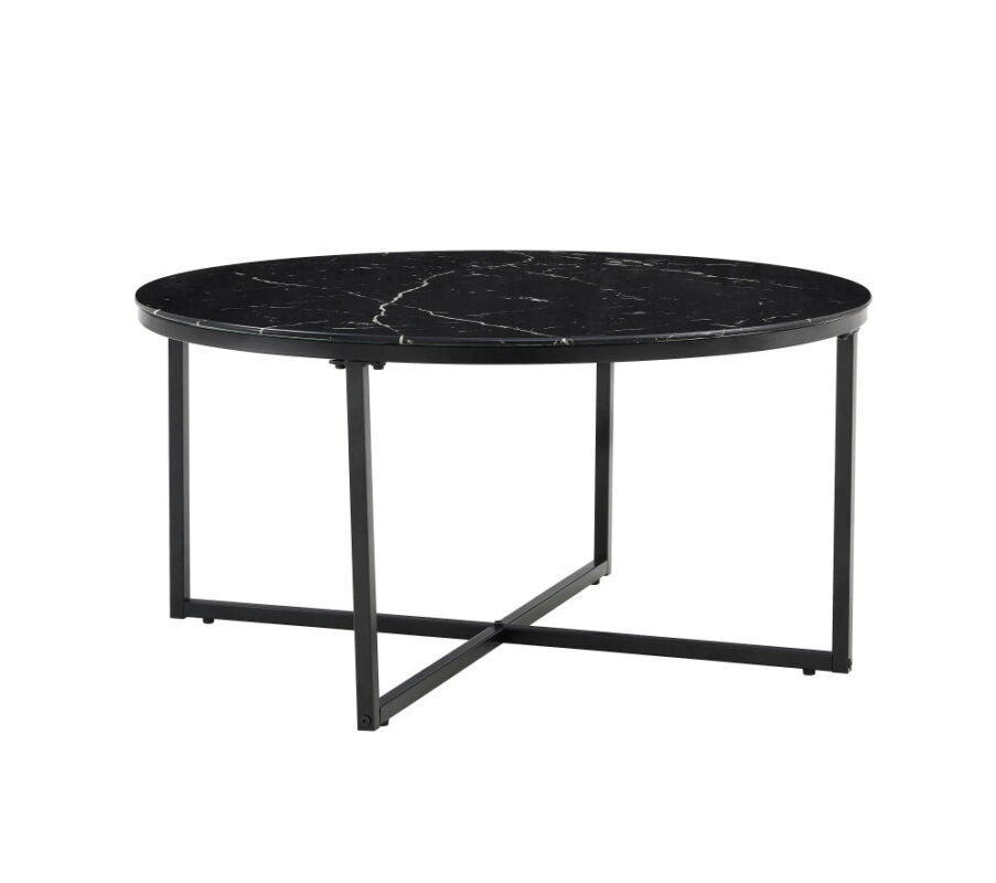 Table Basse Ronde LORIE Verre Trempé Marbré Noir Métal Noir D90x45 cm
