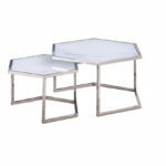 Lot de 2 Tables Basses Gigognes Hexagona Verre Trempé Blanc Métal Chromé 60x52x42 / 50x45x38 cm