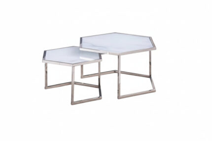 Lot de 2 Tables Basses Gigognes Hexagona Verre Trempé Blanc Métal Chromé 60x52x42 / 50x45x38 cm