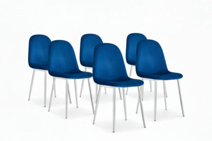 Lot de 6 chaises scandinaves en velours bleu pieds chrome 44x50x87 cm