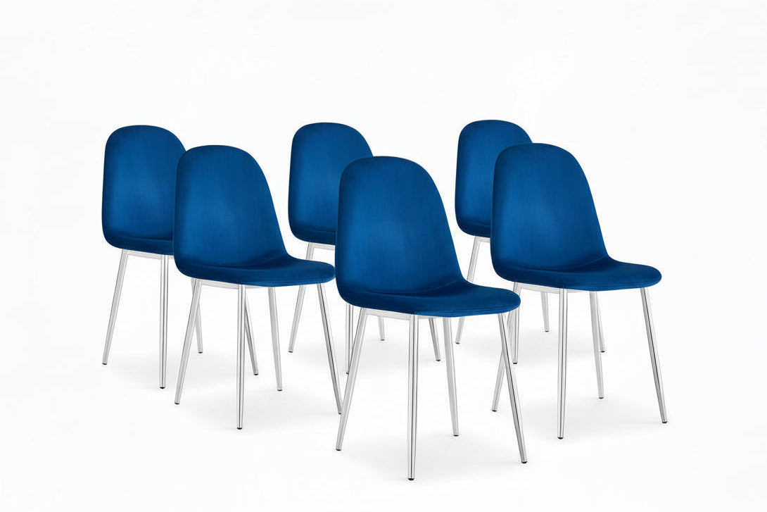 0 4343.jpg Lot de 6 chaises scandinaves en velours bleu pieds chrome 44x50x87 cm