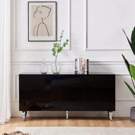 Buffet Baroque Laqué Noir 3 Portes 160x40x80 cm