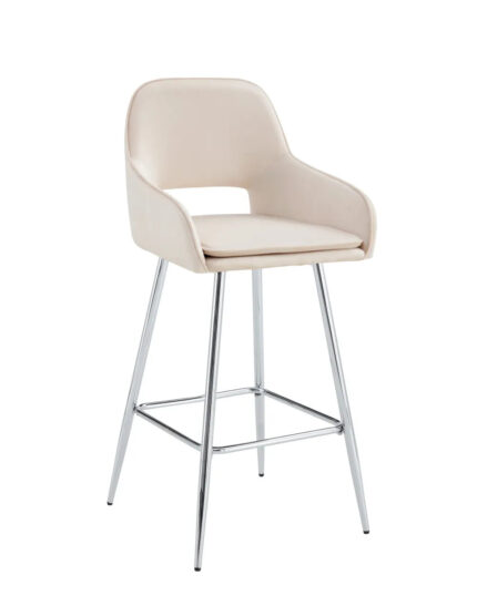 Lot 2 Tabourets de Bar Athena Velours Beige Pieds Chrome 47x41x104cm