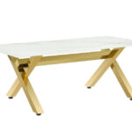Table Basse Ixe Métal Doré Plateau Verre Marbré Blanc 120x60x45 cm