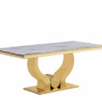 Table à Manger Trofy Verre Effet Marbre Blanc Pieds Dorés 150x90 cm