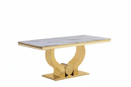 Table à Manger Trofy Verre Effet Marbre Blanc Pieds Dorés 150x90 cm