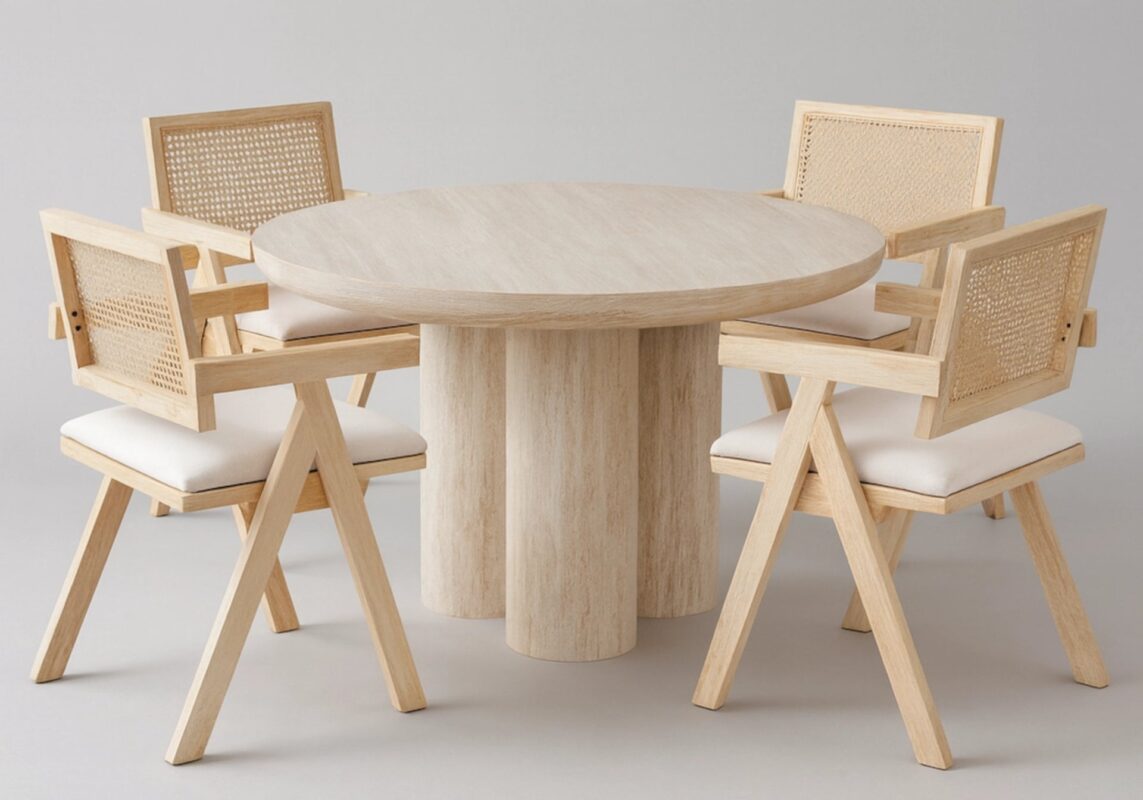 Ensemble Table Ronde Chaises Lumia Travertin Cannage Vert