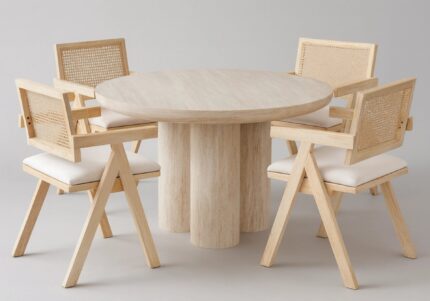 Ensemble Table Ronde Chaises Lumia Travertin Cannage Vert