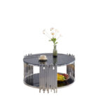 Table Basse Ronde Stick Verre Marbre Noir Pieds Chrome D90 H45 cm