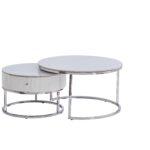 Lot de 2 Tables Basses Gigognes Samira Céramique Marbre Blanc Pieds Chrome Ø80 + Ø60 cm