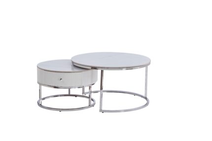 Lot de 2 Tables Basses Gigognes Samira Céramique Marbre Blanc Pieds Chrome Ø80 + Ø60 cm