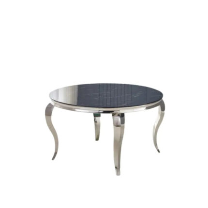 Table à Manger Ronde Baroque Marbre Noir Pieds Chrome 130x75 cm
