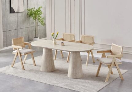 Ensemble Table Chaises Monza Travertin Cannage Naturel Vert