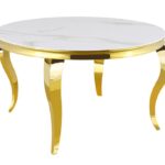 Table à Manger Ronde Baroque Verre Marbré Blanc Acier Doré Ø130 cm